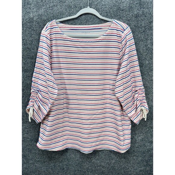 Talbots Tie Sleeve Tee Shirt Womens 2X Ivory Stripe 3/4 Sleeve Boat Neck Stretch - Picture 2 of 9